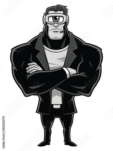 A tough muscular cyclops character in a jacket with arms crossed depicted in a black and white comic style.