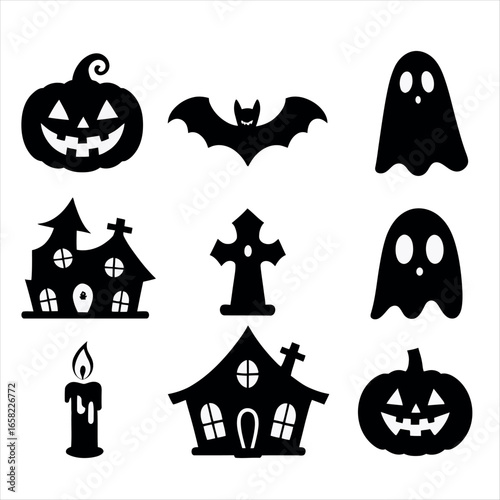 Vector art of halloween set with pumpkins, ghosts, bats, and haunted houses