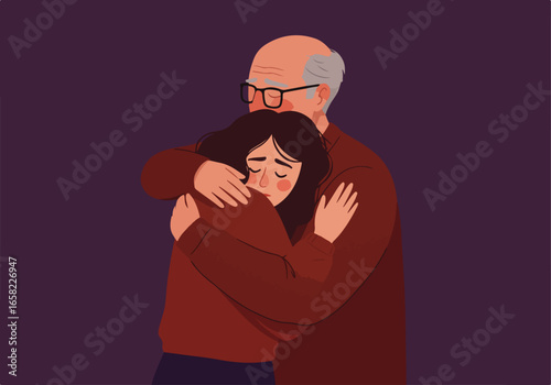 Father comforts a sad woman, embraced, in a dark room. Family support concept