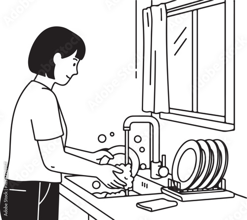 Black and white illustration of a woman washing dishes in a kitchen sink