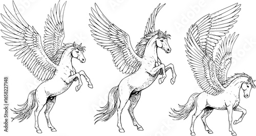 Majestic Pegasus with Flowing Mane and Detailed Wing Feathers in Dynamic Pose.
