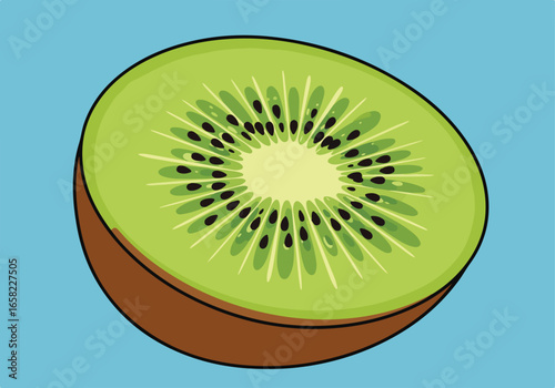 Half kiwi with seeds on a light blue background. Illustration for nutrition design
