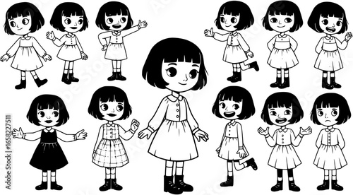 Stylized Girl Icon with Bob Haircut and Buttoned Dress in Black and White.
