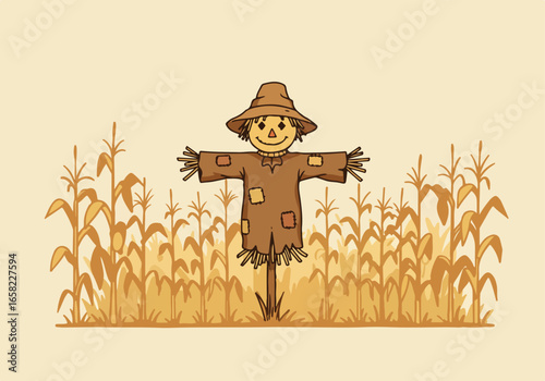 Cartoon scarecrow guarding the cornfield. Could be used for seasonal projects