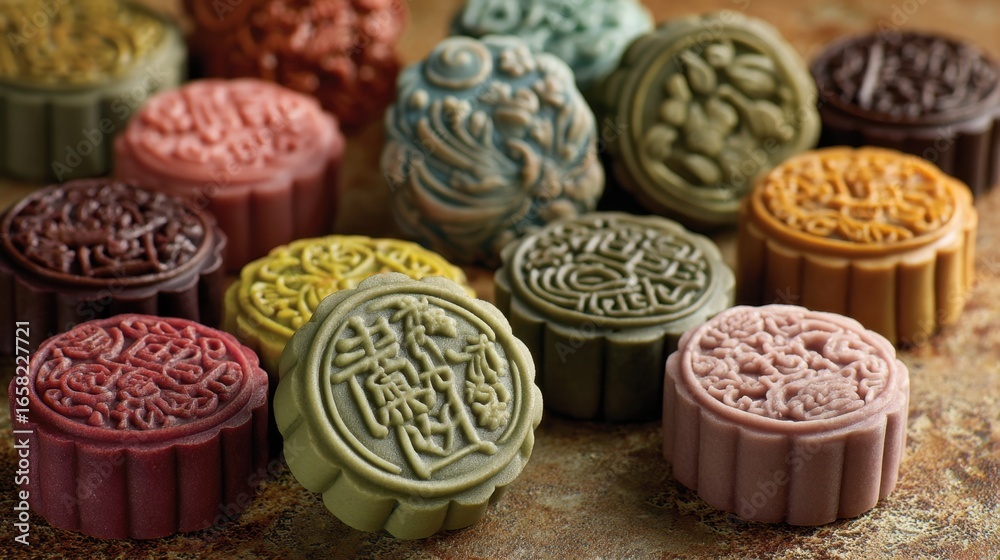 Fototapeta premium Colorful Elegant Mooncakes on a Rustic Table for Celebration