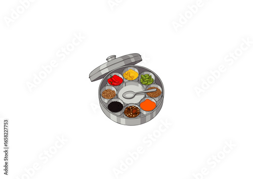 icon of a spice box (masala dabba) with open containers