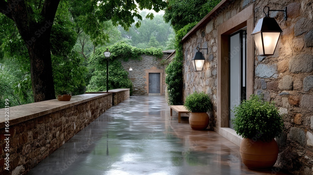Obraz premium Stone path in a garden, wet concrete, rain, green trees, rustic walls