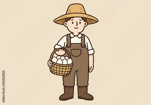 Cartoon farmer carrying fresh eggs in a basket against a solid background