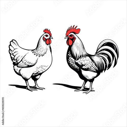 Illustration of a hen and rooster in black and white