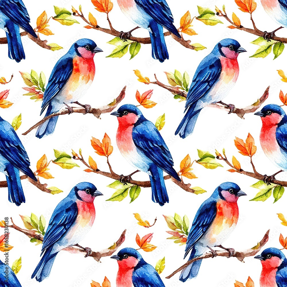 Obraz premium birds watercolor seamless pattern on white background.