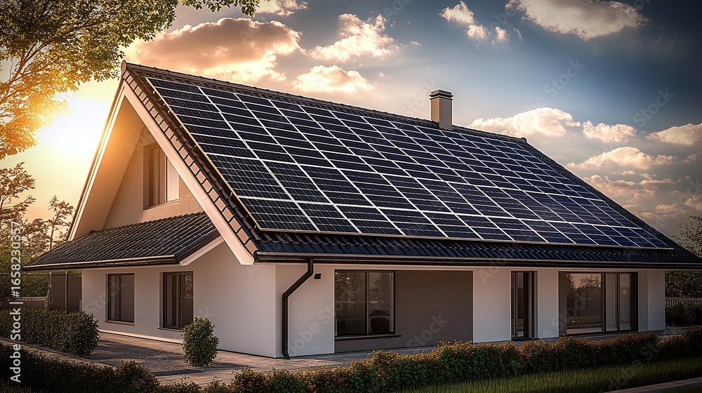 Fototapeta premium A modern house with a solar panel roof at sunset.