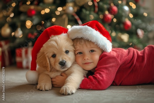 Child and golden retriever puppy wearing santa hats lie by a decorated christmas tree
