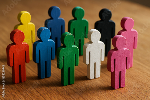 Wooden figures in various colors aligned together, symbolizing diversity, inclusion and equity