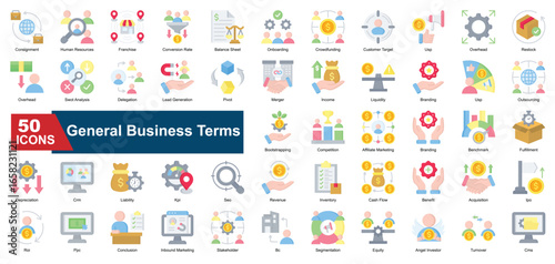 A collection of  General Business icons. Includes revenue, crm, segmentation, inventory, pivot, roi, and more. Suitable for reports, infographics, and web use.