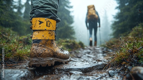 Hiking boot on muddy trail, misty forest