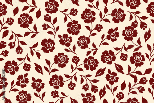 Seamless floral pattern with deep red flower silhouettes and leaves on a soft beige background, ideal for elegant fabric, wallpaper, and classic vintage designs.
