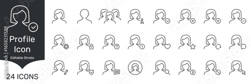 Profile And User Interaction Line Icon Set. Profile, Person, User Account, Communication And Interface Elements Outline Symbol Collection. Editable Stroke. Isolated Vector Illustration