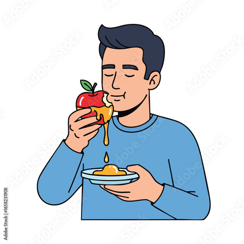 A cartoon man with closed eyes enjoying a red apple dipped in dripping honey.