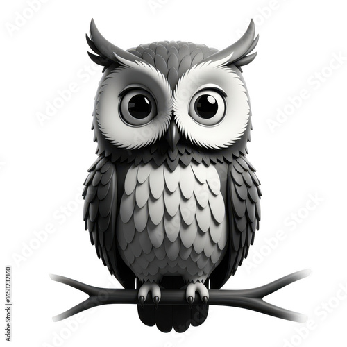 3d cartoon owl perched on branch isolated on transparent background