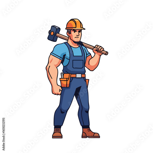 Muscular construction worker cartoon character holding a large sledgehammer over his shoulder.