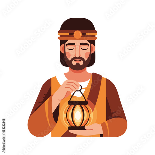 A serene bearded man in historical clothing holding a glowing luminous lantern.