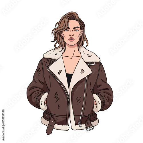 Stylish woman with wavy brown hair in a brown shearling-lined aviator jacket illustration.