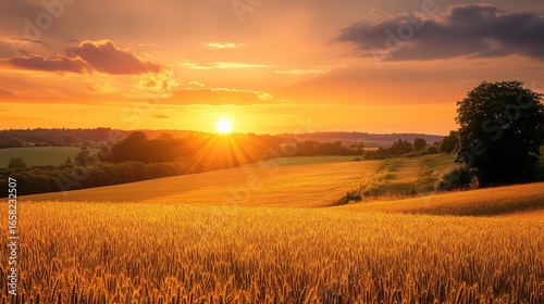 Golden wheat field at sunset with tree and cloudy sky view