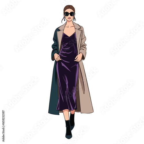 Stylish woman walking in a purple satin slip dress two-tone overcoat and sunglasses.