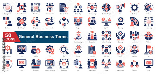 A collection of  General Business icons. Includes revenue, crm, segmentation, inventory, pivot, roi, and more. Suitable for reports, infographics, and web use.