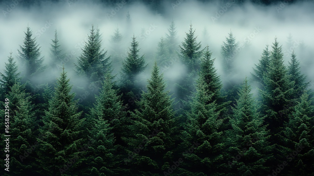 Obraz premium Fog - Shrouded Pine Forest Landscape