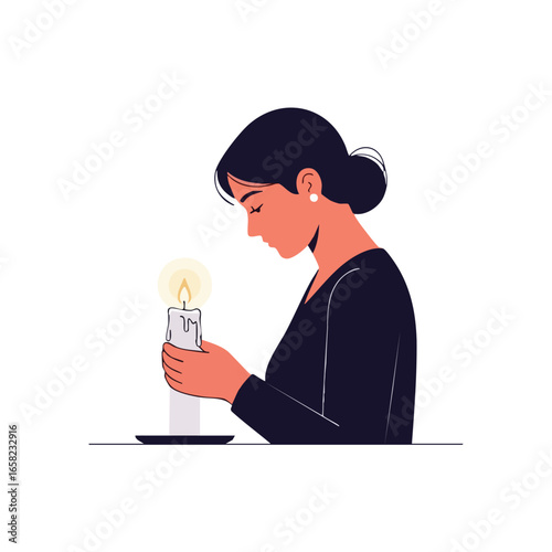 A somber woman in profile holding a lit candle a symbol of remembrance grief and hope.