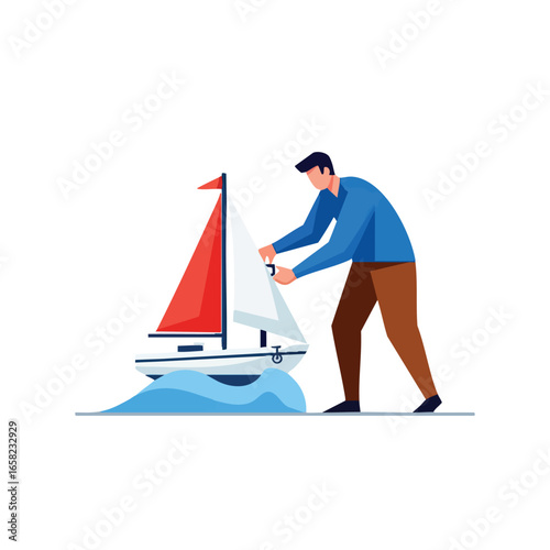 A man in casual clothes preparing a small model sailboat for launching in the water.