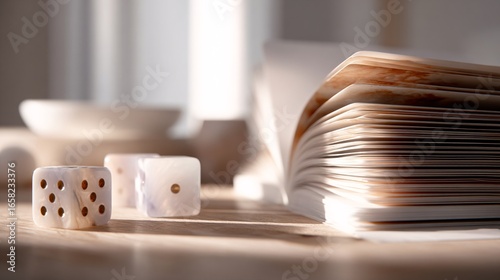 Elegant Dice with Open Book in Natural Light