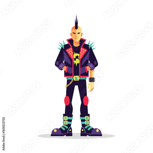Stylized flat vector illustration of a punk rocker with a mohawk and spiked jacket.
