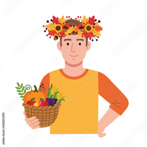 Man with a sunflower and leaf crown holding a basket of autumn harvest.