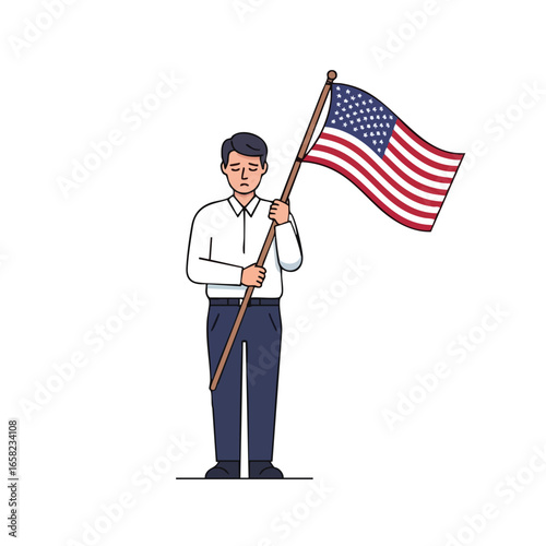 A sad and dejected man in a white shirt holding the American flag on a flagpole.