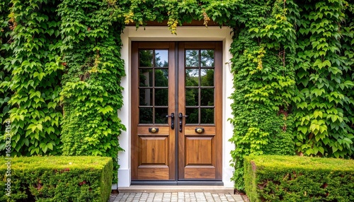 A double French style front door with glass panels framed by climbing ivy
