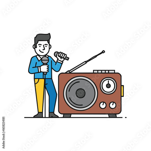 A male character with a microphone stands beside a large retro radio.