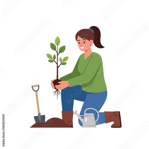 Smiling young woman kneeling on the ground to plant a tree sapling with gardening tools.
