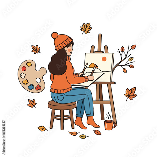 A young woman in a cozy orange sweater and beanie painting an autumn landscape on an easel.