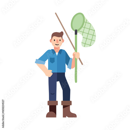 A friendly cartoon man in a blue shirt and boots holding a green butterfly net.