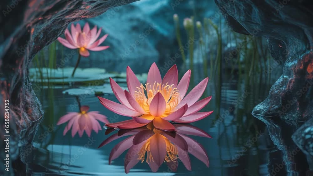 Pink water lilies floating on tranquil water with cave-like background Pink water lilies floating on tranquil water with cave-like background