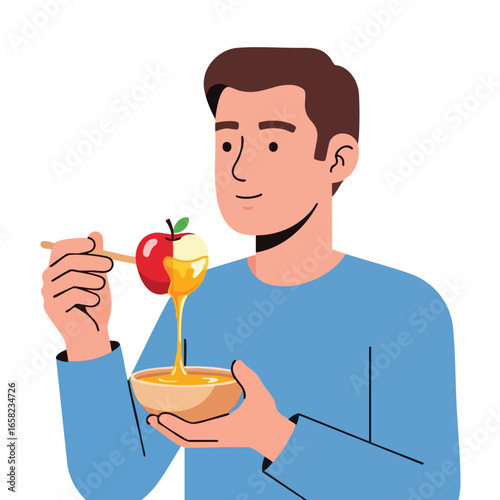 A young man dips a red apple into a bowl of honey a Rosh Hashanah tradition.