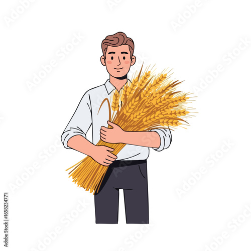 A smiling young man in a white shirt holding a large golden sheaf of wheat.