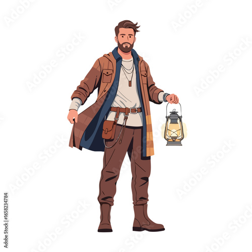 A rugged male adventurer character in a brown coat holding a glowing lantern.