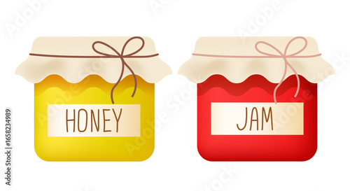 Jar with honey and jam. Raspberry or strawberry jam, honey. Vector clipart isolated on white background.