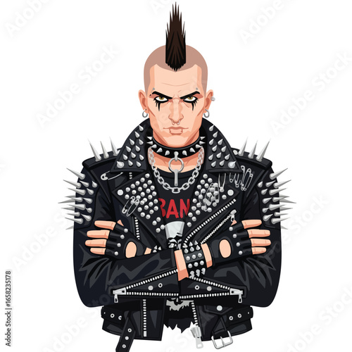 Tough punk rock man with a mohawk hairstyle and spiked leather jacket.