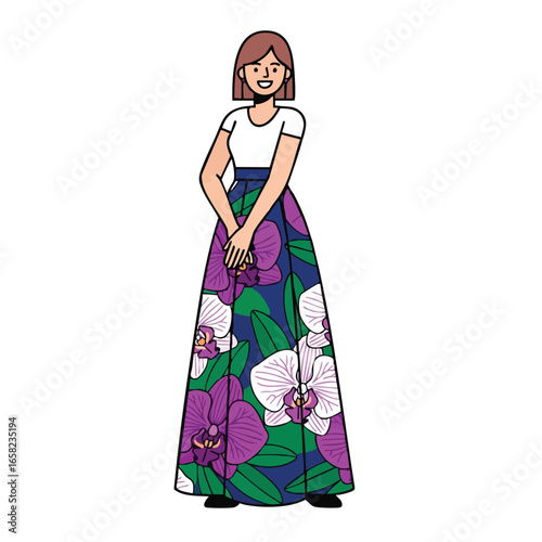Stylish cartoon woman with a bob haircut wearing a long maxi skirt with a purple and white orchid pattern.