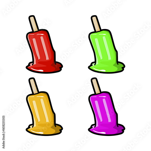 cartoon image of various colored ice creams melting and falling
