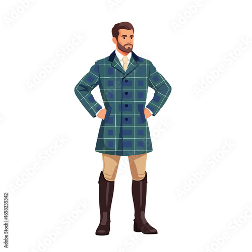 Handsome bearded man in a stylish blue and green plaid overcoat and riding boots.